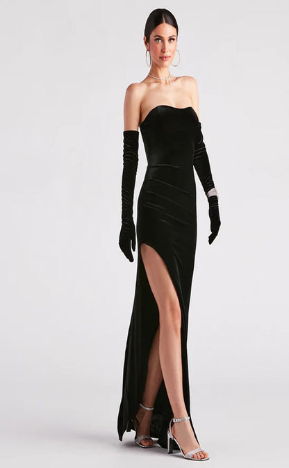 RP080-Elegant Black Mermaid Strapless Side Slit Pleated Floor Length Velvet Prom Dresses Formal Party Evening Gowns