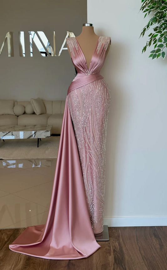 RP678-Elegant Pink Mermaid V-Neck Beads Ruched Cap Sleeves Long Prom Evening Dresses Formal Party Gowns