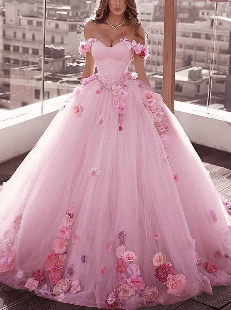 Charming Pink Ball Gown Wedding Dresses Sweetheart Sleeveless Appliqued Lace Up Tulle Sweep Train Bridal Gowns Custom Made