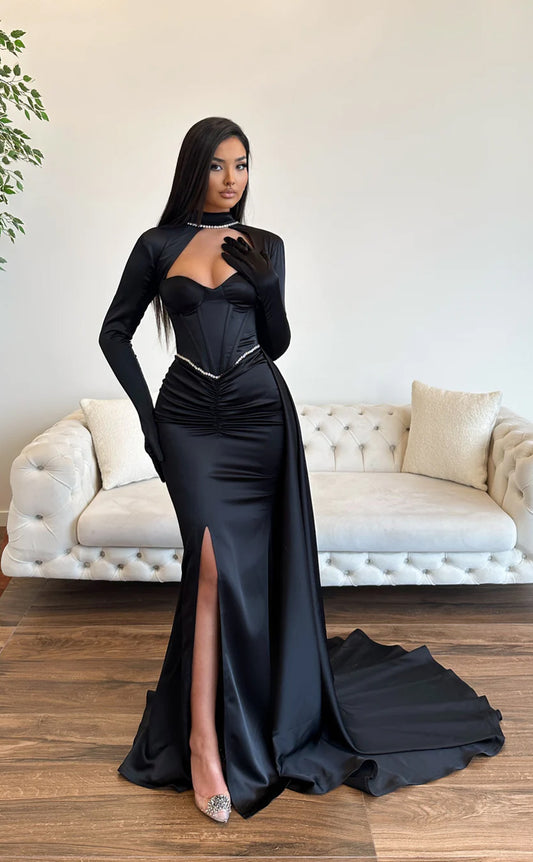 RP675-Elegant Mermaid High Neck Beads Ruched Long Sleeves Long Prom Evening Dresses Formal Party Gowns With Slit