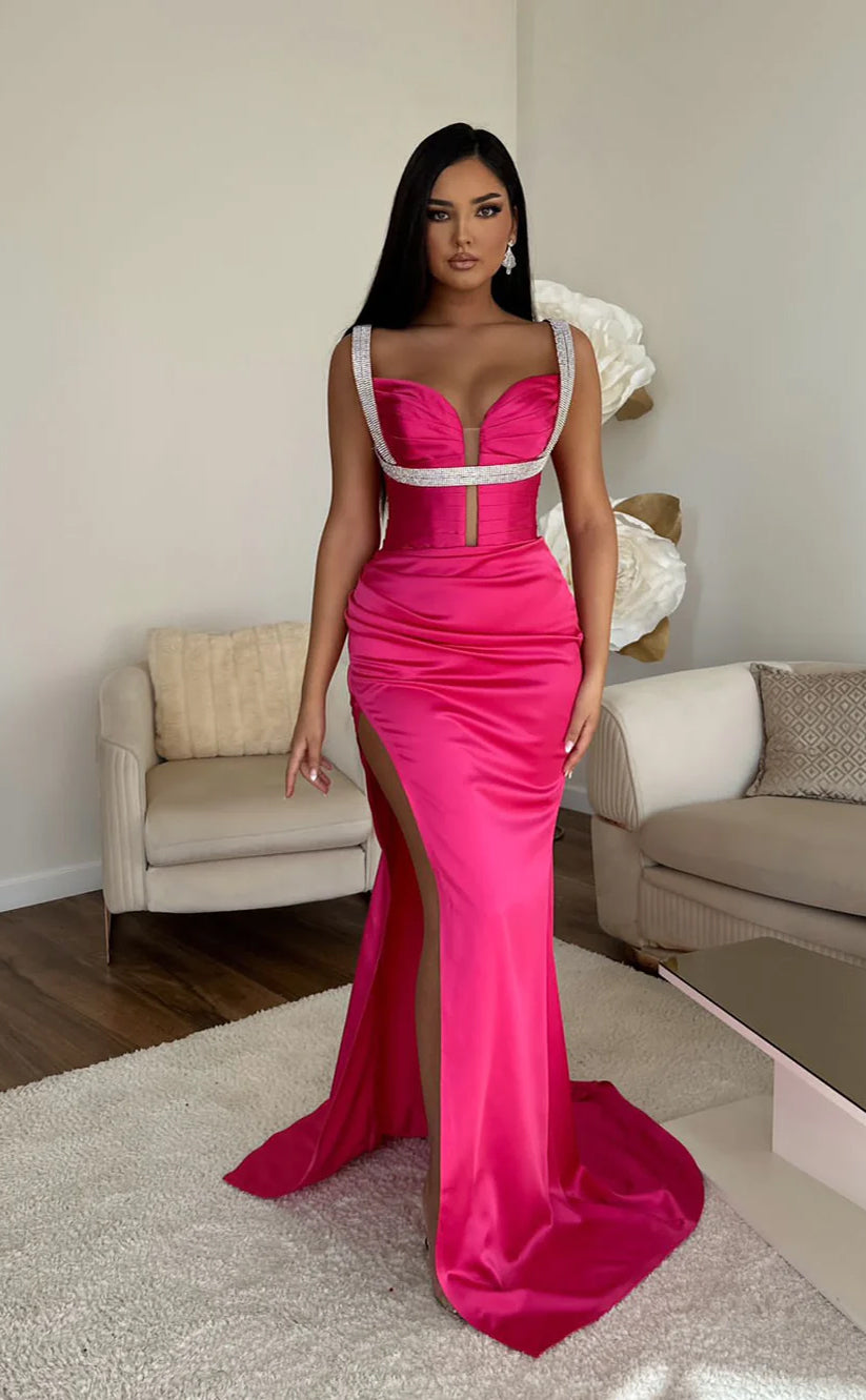 RP679-Elegant Fuchsia Mermaid Spaghetti Beads Ruched Sleeveless Long Prom Evening Dresses Formal Party Gowns With Slit