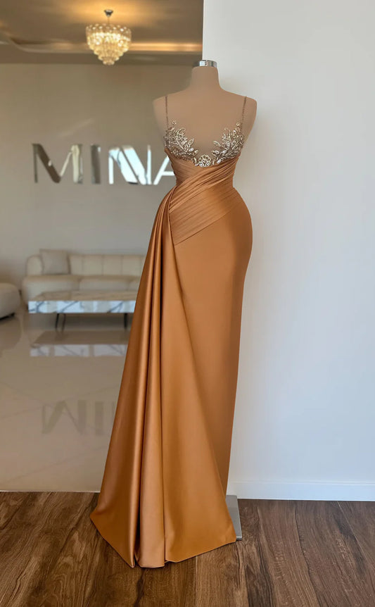 RP673-Elegant Brown Mermaid Spaghetti Beads Sequins Sleeveless Floor Length Prom Evening Dresses Formal Party Gowns