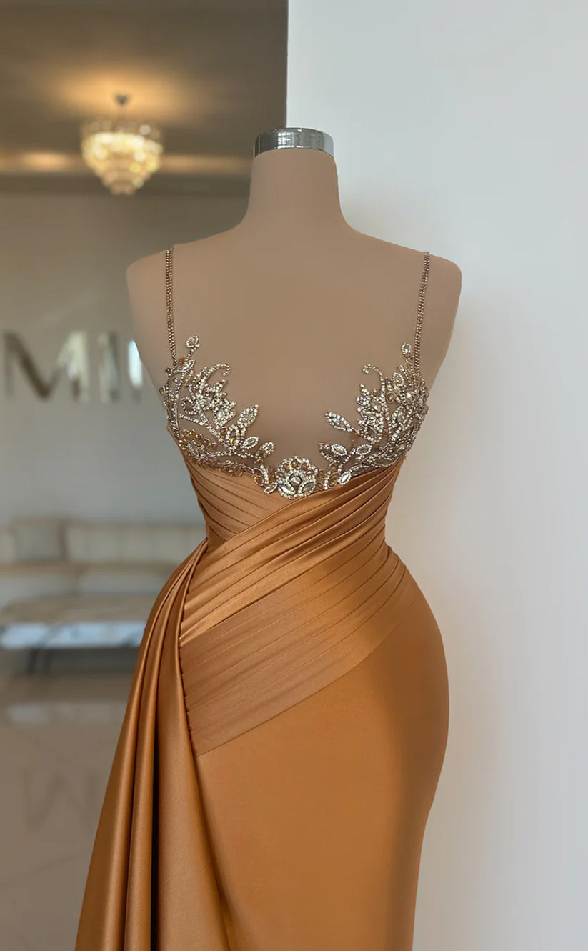 RP673-Elegant Brown Mermaid Spaghetti Beads Sequins Sleeveless Floor Length Prom Evening Dresses Formal Party Gowns