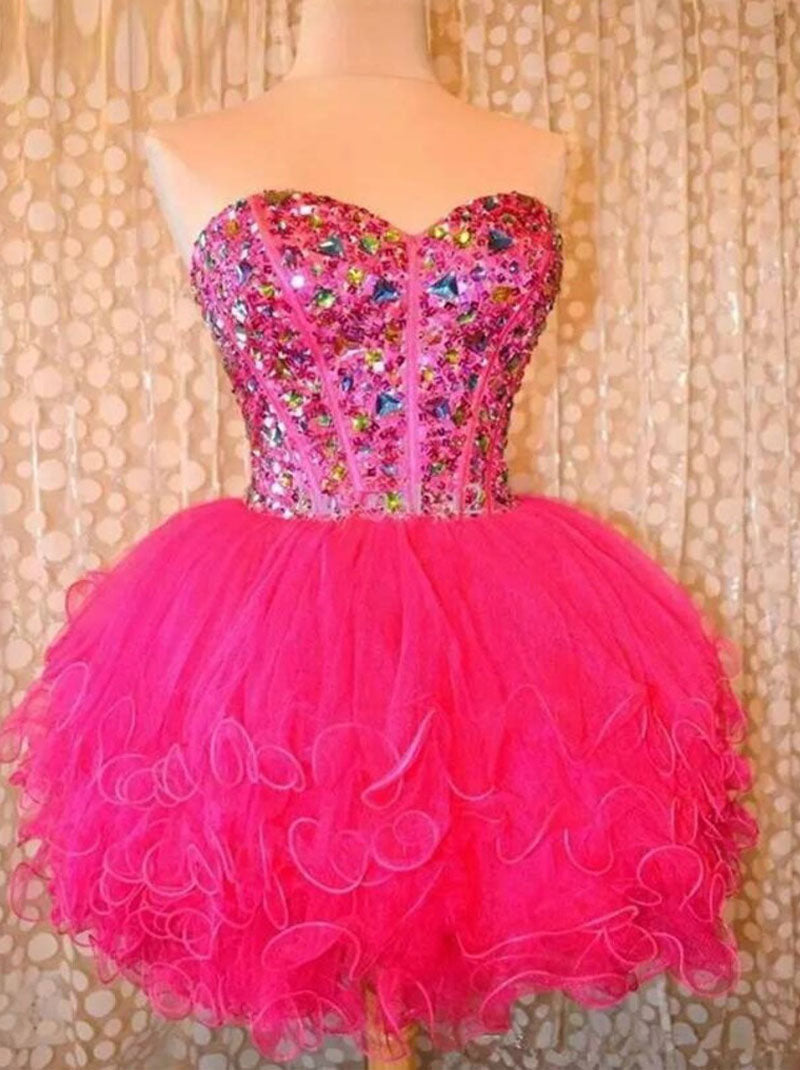 Cute Sparkling Mini A-Line Sweetheart Colorful Beaded Crystals Lace up Ruffles Homecoming Graduation Dresses Ball Gown 8th Grade Prom Dresses