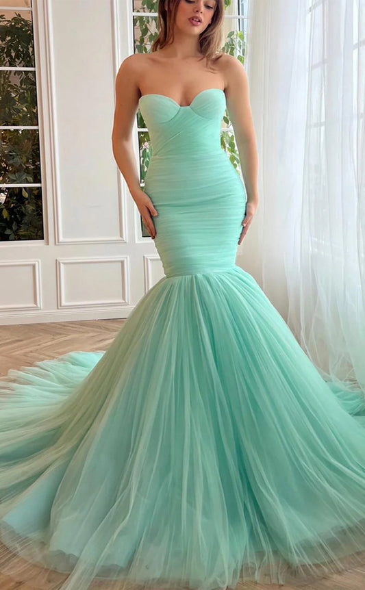 RP179-Mint Mermaid Sweetheart Sleeveless Pleated Long Prom Evening Dresses Formal Party Gowns