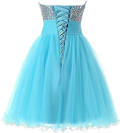 Lovely Mini A-Line Sweetheart Crystal Beaded Lace up Tulle Homecoming Graduation Dresses Cocktail Party Dress Prom Dress