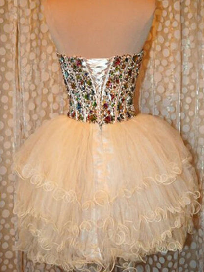 Cute Sparkling Mini A-Line Sweetheart Colorful Beaded Crystals Lace up Ruffles Homecoming Graduation Dresses Ball Gown 8th Grade Prom Dresses