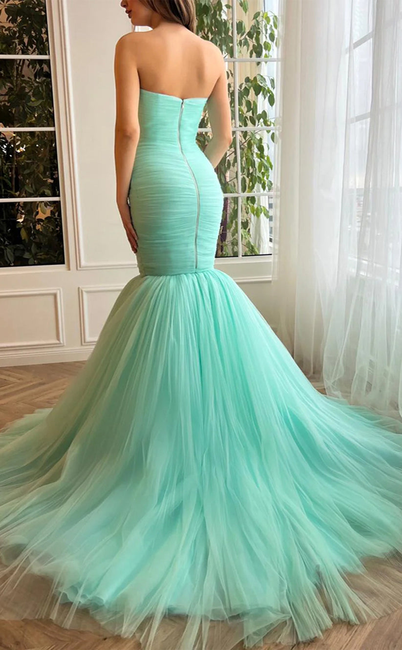 RP179-Mint Mermaid Sweetheart Sleeveless Pleated Long Prom Evening Dresses Formal Party Gowns