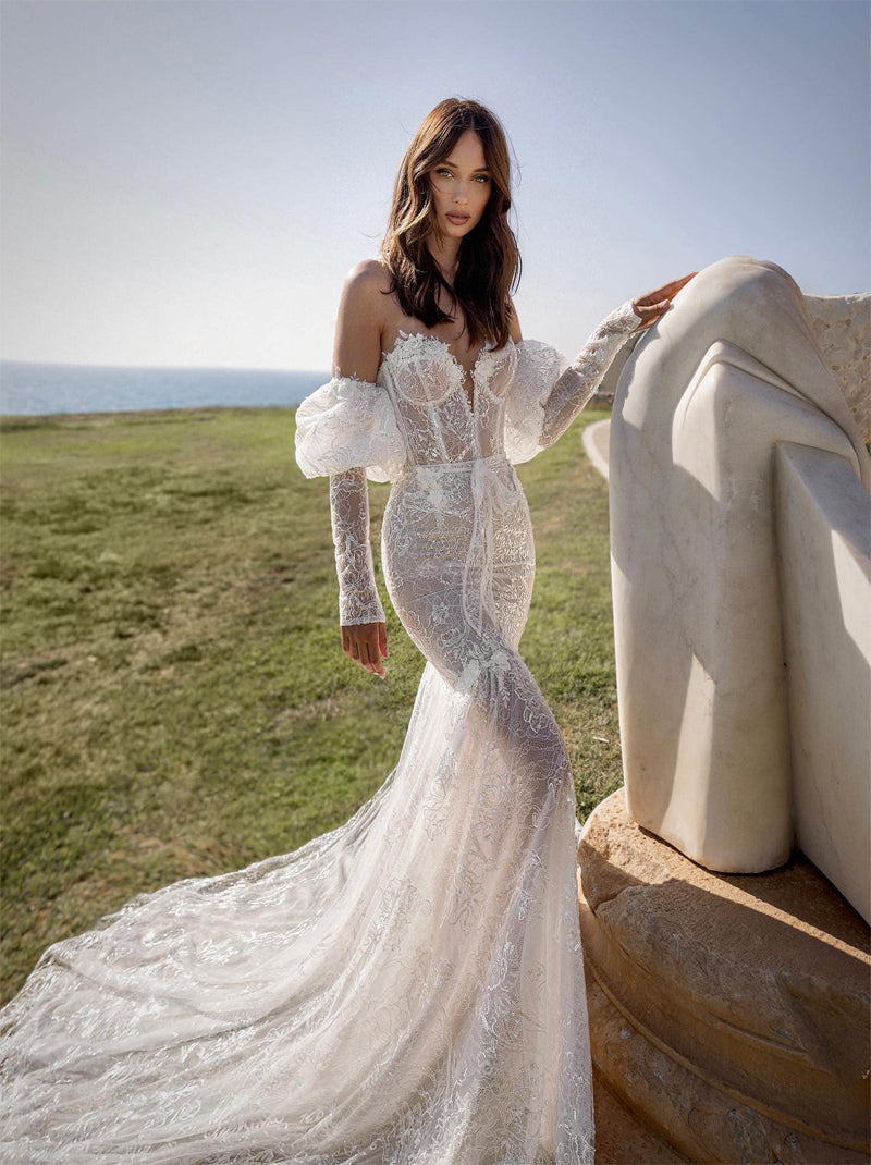 Classic & Sexy Mermaid Boho Wedding Dresses Sweetheart Beads Appliqueds Detachable Long Sleeves Sweep Train Tulle Bridal Gowns Custom