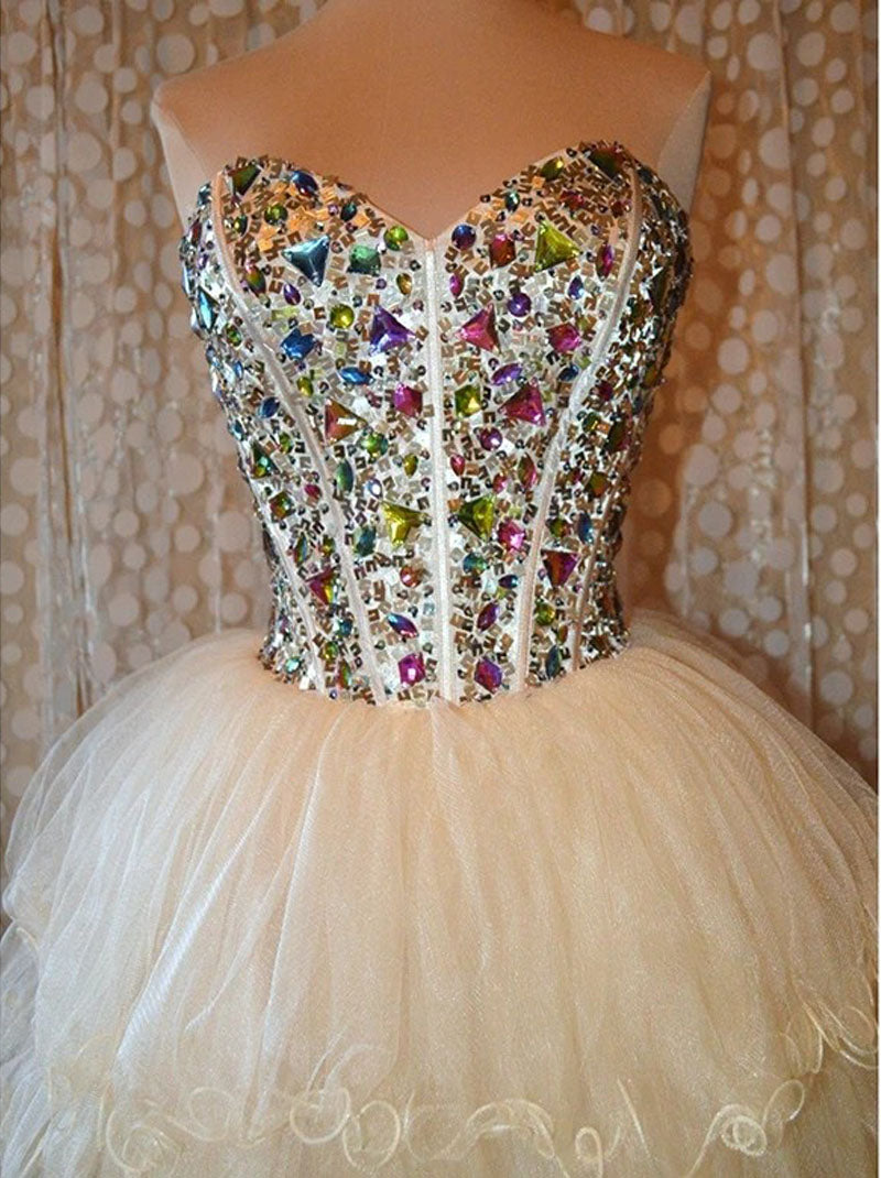 Cute Sparkling Mini A-Line Sweetheart Colorful Beaded Crystals Lace up Ruffles Homecoming Graduation Dresses Ball Gown 8th Grade Prom Dresses