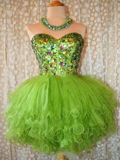 Cute Sparkling Mini A-Line Sweetheart Colorful Beaded Crystals Lace up Ruffles Homecoming Graduation Dresses Ball Gown 8th Grade Prom Dresses