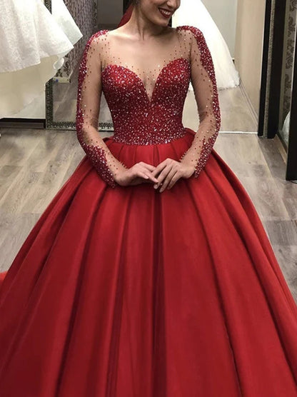 Sparkling Red Ball Gown Wedding Dresses Sweetheart Beads Sequins Illusion Long Sleeves Sweep Lace Up Train Satin Bridal Gowns Custom Made