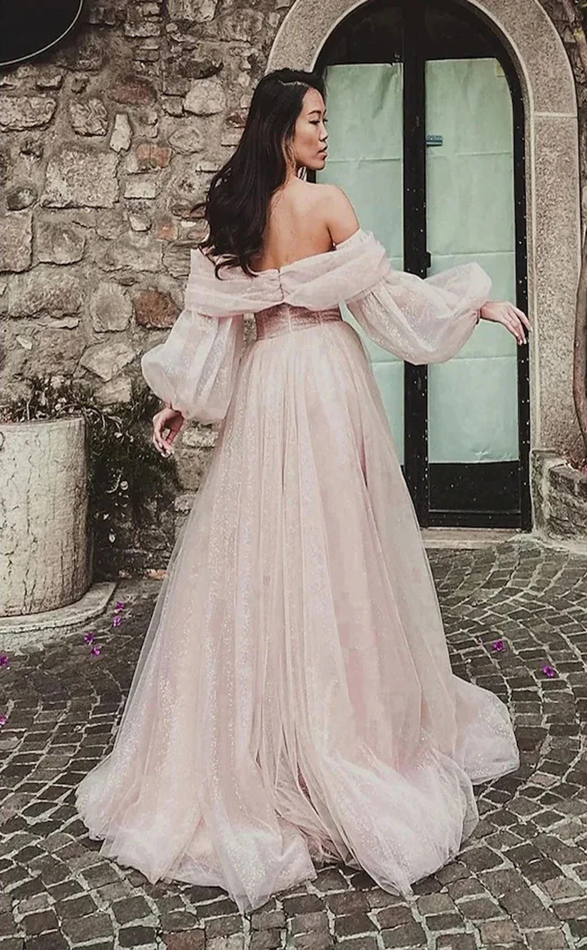 RP047-Light Pink A-Line Off The Shoulder Puffy Sleeves Pleated Sequins Tulle Long Prom Evening Dresses Party Gowns Custom