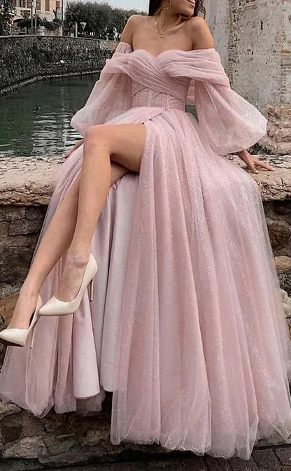 RP047-Light Pink A-Line Off The Shoulder Puffy Sleeves Pleated Sequins Tulle Long Prom Evening Dresses Party Gowns Custom