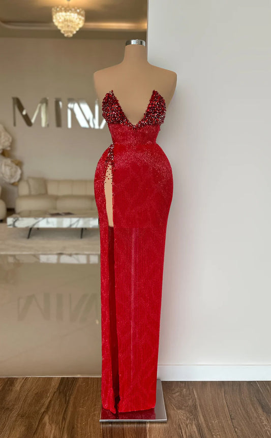 RP684-Eleagnt Red Mermaid V-Neck Beads Sequins Sleeveless Floor Length Prom Evening Dresses Formal Party Gowns With Slit