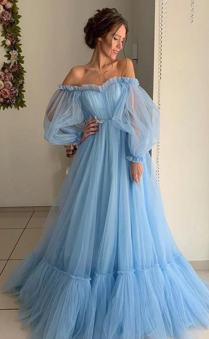 RP048-Sky Blue A-Line Off the Shoulder Puffy Long Sleeves Pleated Appliques Lace up Tulle Long Formal Prom Evening Party Gowns