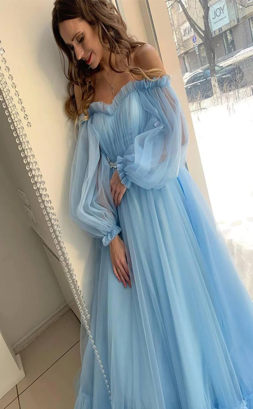 RP048-Sky Blue A-Line Off the Shoulder Puffy Long Sleeves Pleated Appliques Lace up Tulle Long Formal Prom Evening Party Gowns