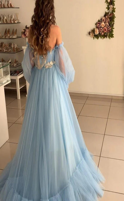 RP048-Sky Blue A-Line Off the Shoulder Puffy Long Sleeves Pleated Appliques Lace up Tulle Long Formal Prom Evening Party Gowns