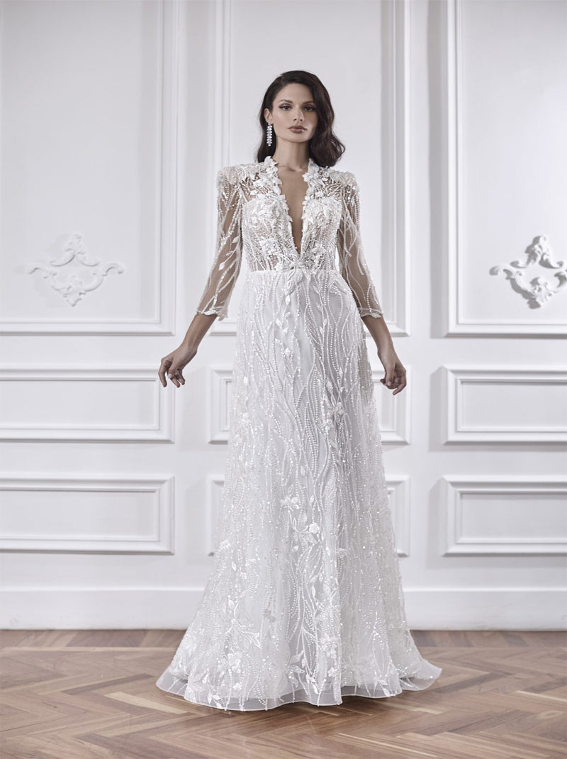 Charming & Elegant A-Line Wedding Dresses V-Neck Beads Appliqued Lace Sweep Train Bridal Gowns