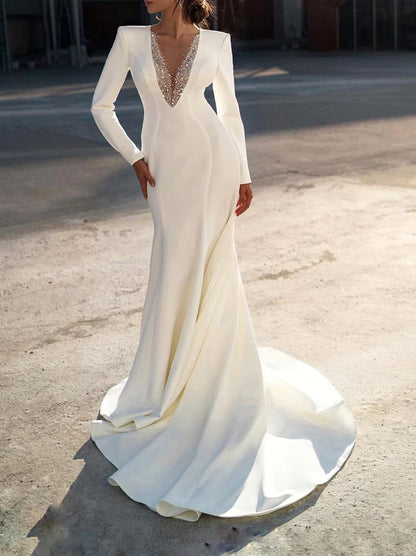 Simple & Elegant Mermaid Wedding Dresses V-Neck Beads Satin Sweep Train Bridal Gowns With Long Sleeves