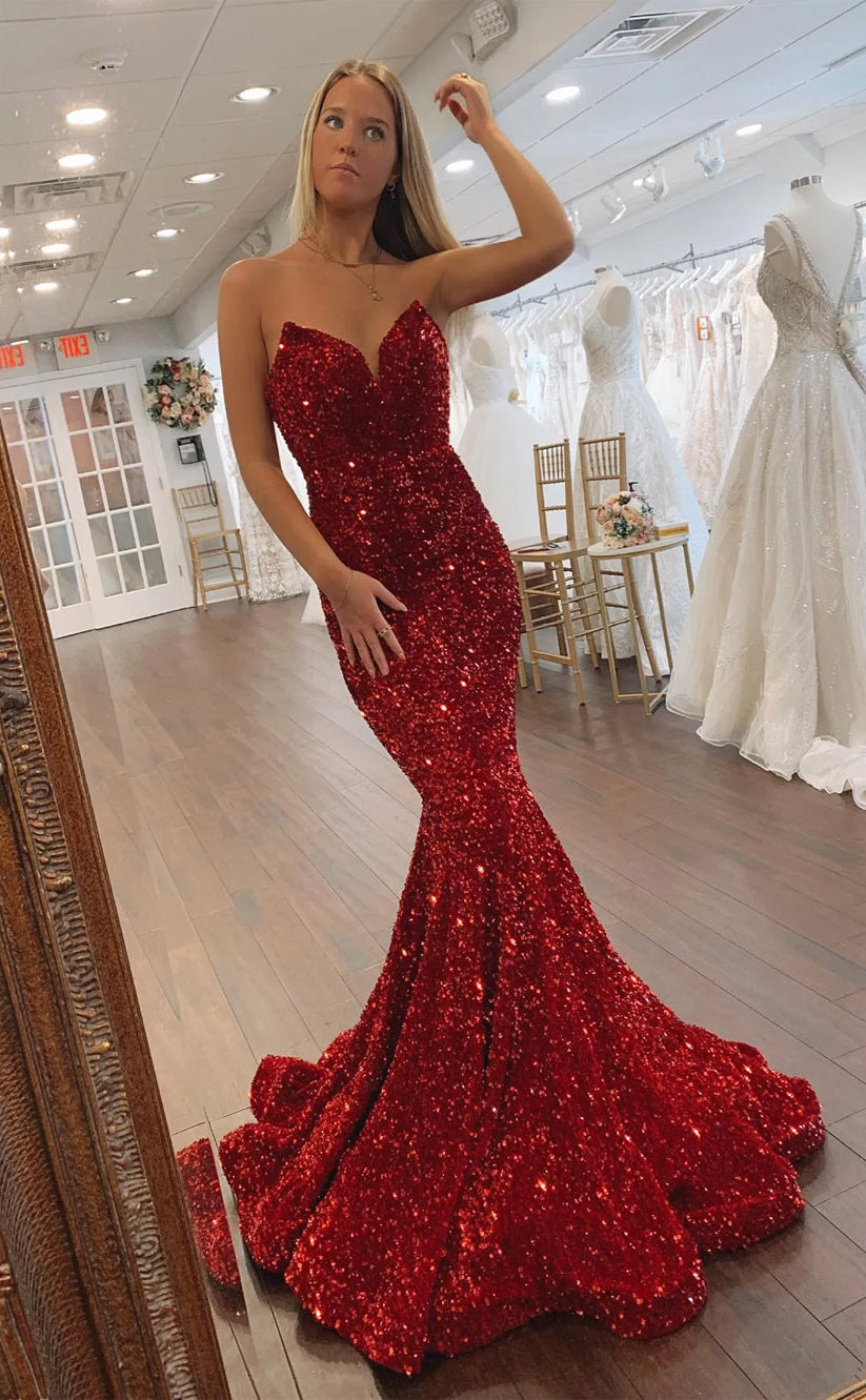 RP143-Sparkling Mermaid Sweetheart Sequins Sleeveless Long Prom Evening Dresses Formal Party Gowns With Slit