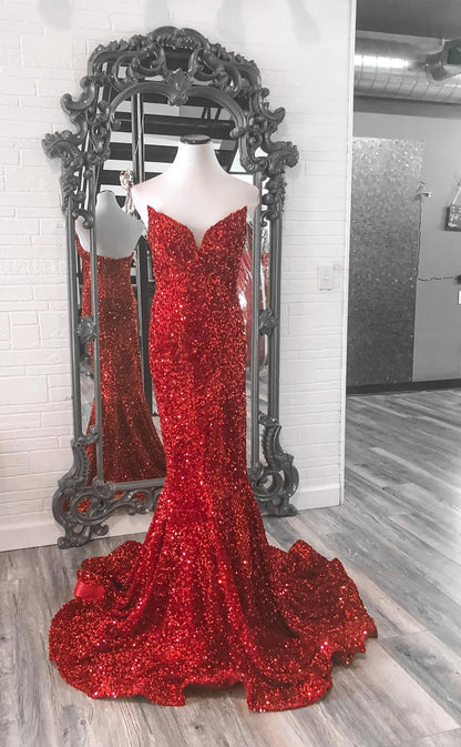 RP143-Sparkling Mermaid Sweetheart Sequins Sleeveless Long Prom Evening Dresses Formal Party Gowns With Slit