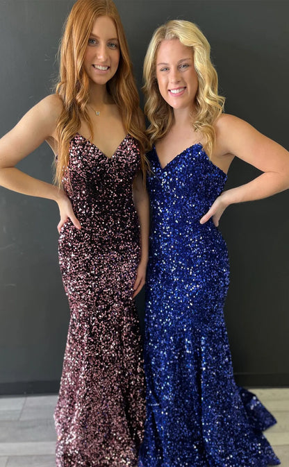 RP143-Sparkling Mermaid Sweetheart Sequins Sleeveless Long Prom Evening Dresses Formal Party Gowns With Slit