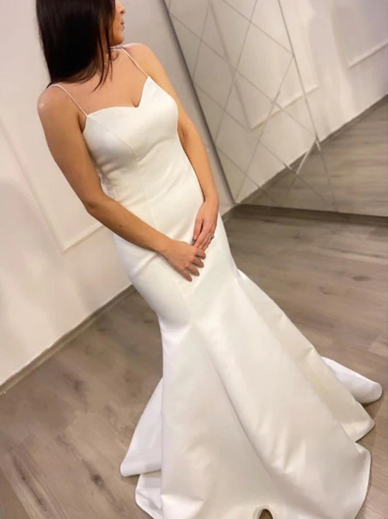 Simple Mermaid Wedding Dresses Spaghetti Pleated Sleeveless Backless Satin Sweep Train Bridal Gowns Custom Made