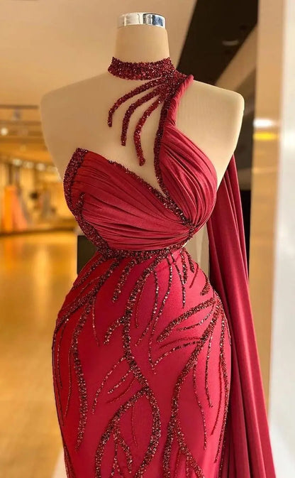 RP688-Gorgeous Red Mermaid High Neck Beads Ruched Sleeveless Long Prom Evening Dresses Formal Party Gowns