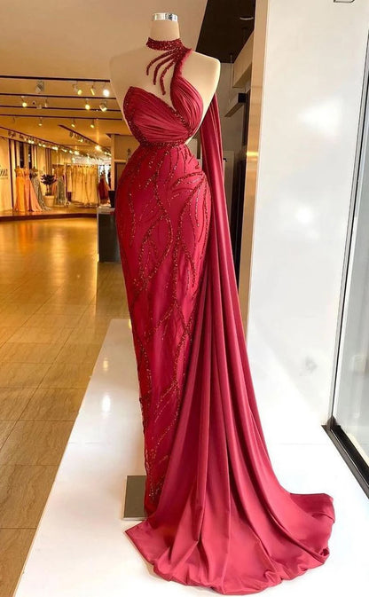 RP688-Gorgeous Red Mermaid High Neck Beads Ruched Sleeveless Long Prom Evening Dresses Formal Party Gowns