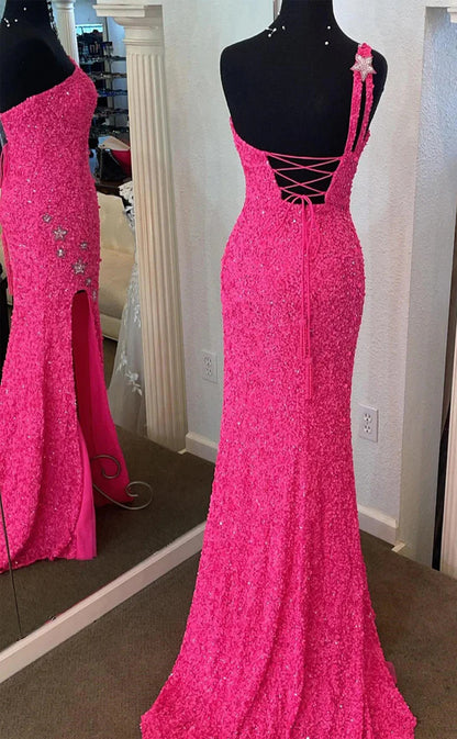 RP051-Sparkling Sexy Mermaid One Shoulder Side Split Star Lace up Sequins Long Evening Prom Dresses Formal Party Gowns