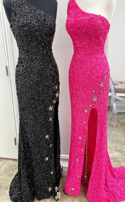 RP051-Sparkling Sexy Mermaid One Shoulder Side Split Star Lace up Sequins Long Evening Prom Dresses Formal Party Gowns