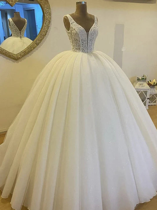 Romantic Ball Gown Wedding Dresses Spaghetti Sequins Appliqued Lace Up Tulle Sweep Train Bridal Gowns Custom Design