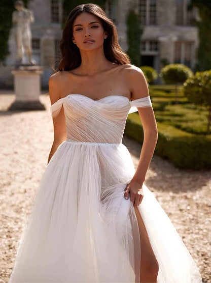 Simple & Elegant A-Line Wedding Dresses Sweetheart Pleated Cap Sleeves Tulle Sweep Train Bridal Gowns With Slit