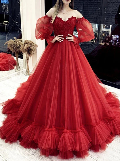 Red Ball Gown Wedding Dresses Sweetheart Appliqued Detachable Puffy Long Sleeves Lace Up Sweep Train Tulle Bridla Gowns Custom Design