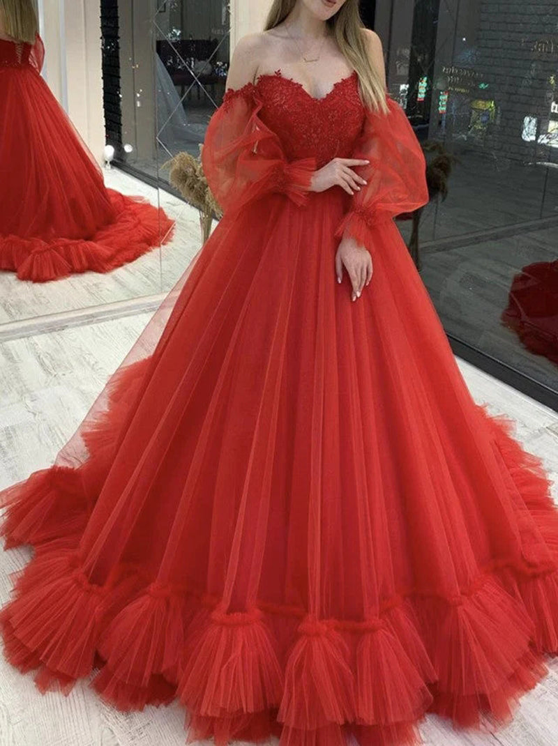 Red Ball Gown Wedding Dresses Sweetheart Appliqued Detachable Puffy Long Sleeves Lace Up Sweep Train Tulle Bridla Gowns Custom Design