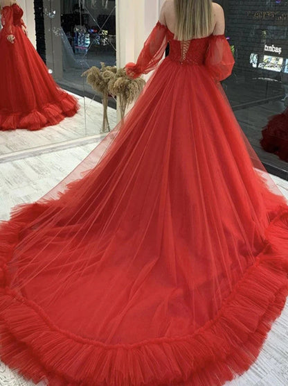 Red Ball Gown Wedding Dresses Sweetheart Appliqued Detachable Puffy Long Sleeves Lace Up Sweep Train Tulle Bridla Gowns Custom Design