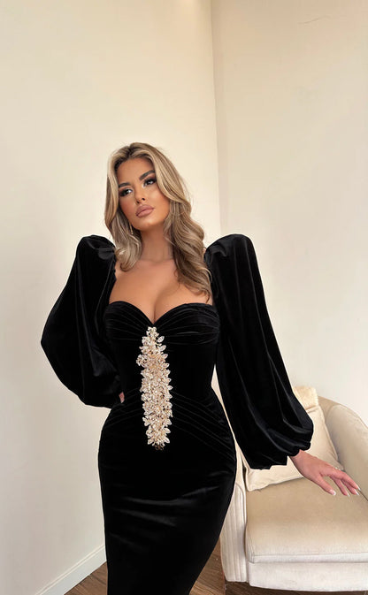 RP682-Gorgeous Black Mermaid Sweetheart Crystals Ruched Beaded Long Sleeves Velvet Long Prom Evening Dresses Formal Party Gowns