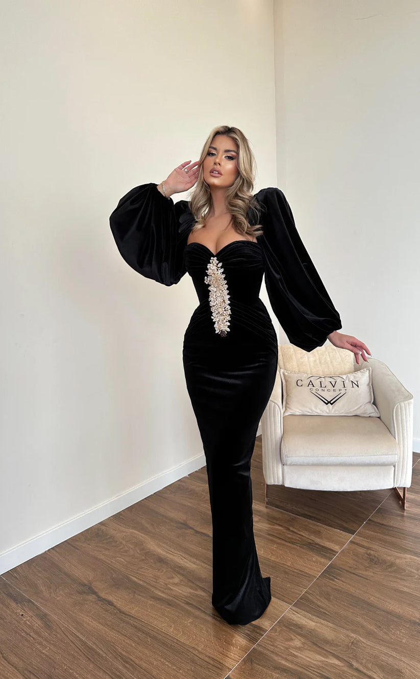 RP682-Gorgeous Black Mermaid Sweetheart Crystals Ruched Beaded Long Sleeves Velvet Long Prom Evening Dresses Formal Party Gowns