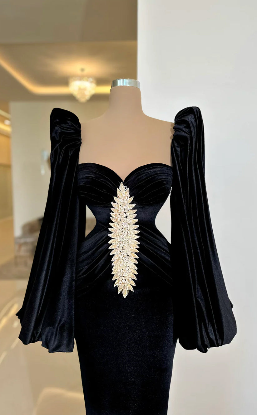 RP682-Gorgeous Black Mermaid Sweetheart Crystals Ruched Beaded Long Sleeves Velvet Long Prom Evening Dresses Formal Party Gowns