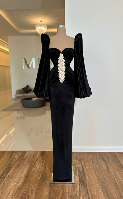 RP682-Gorgeous Black Mermaid Sweetheart Crystals Ruched Beaded Long Sleeves Velvet Long Prom Evening Dresses Formal Party Gowns