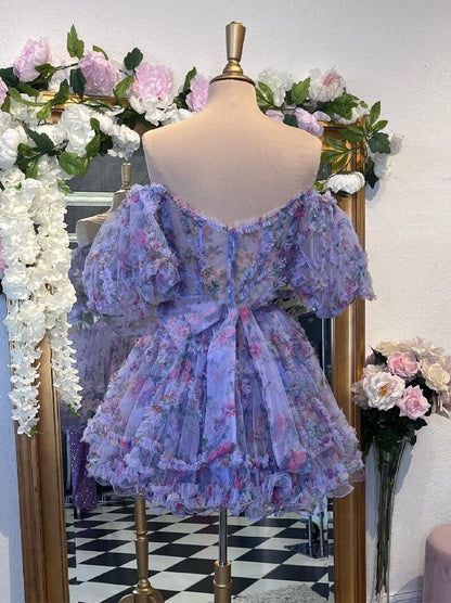 Charming Print Floral Sweetheart Off the Shoulder Zipper Bowknot Ruffed Sleeves  Corset Chiffon Homecoming Dress Drama Graduation Cocktail Party  Custom