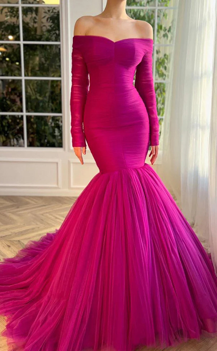 RP180-Fuchsia Mermaid Off-the-Shoulder Long Sleeves Pleated Long Prom Evening Dresses Formal Party Gowns