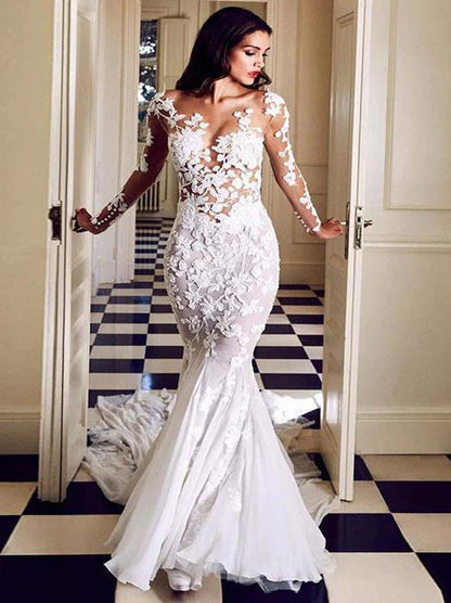 Sexy Mermaid Wedding Dresses Scoop Illusion Long Sleeves Appliques Lace Sweep Train Bridal Gowns For Women Custom Design