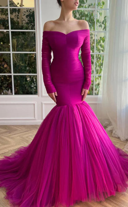 RP180-Fuchsia Mermaid Off-the-Shoulder Long Sleeves Pleated Long Prom Evening Dresses Formal Party Gowns