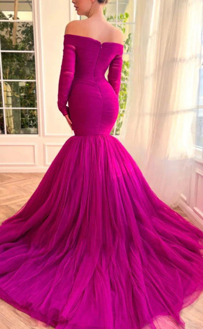 RP180-Fuchsia Mermaid Off-the-Shoulder Long Sleeves Pleated Long Prom Evening Dresses Formal Party Gowns