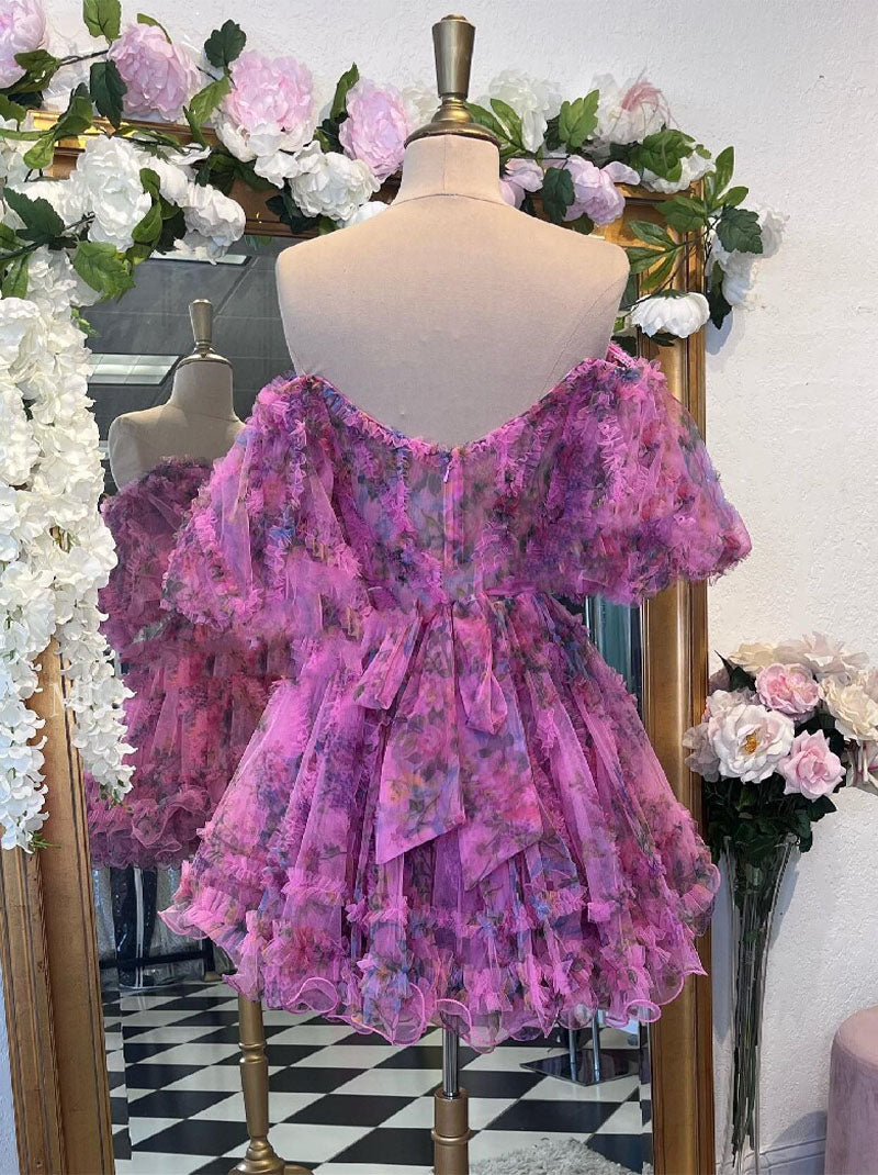 Charming Print Floral Sweetheart Off the Shoulder Zipper Bowknot Ruffed Sleeves  Corset Chiffon Homecoming Dress Drama Graduation Cocktail Party  Custom