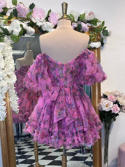 Charming Print Floral Sweetheart Off the Shoulder Zipper Bowknot Ruffed Sleeves  Corset Chiffon Homecoming Dress Drama Graduation Cocktail Party  Custom