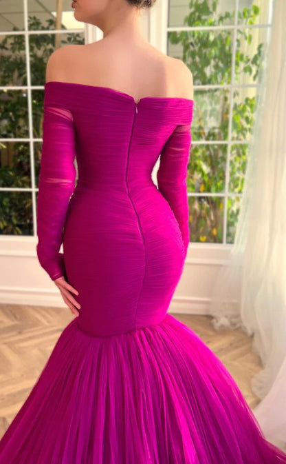 RP180-Fuchsia Mermaid Off-the-Shoulder Long Sleeves Pleated Long Prom Evening Dresses Formal Party Gowns