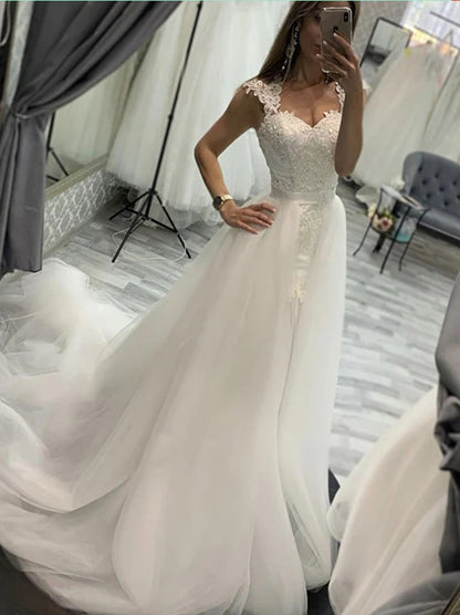 Sexy Mermaid Wedding Dresses Appliqued Beads Cap Sleeves Detachable Sweep Train Tulle Bridal Gowns Custom Made